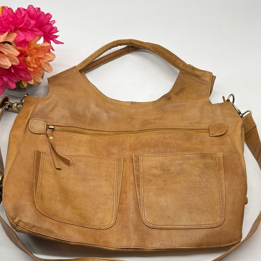The Leather Store Elegant Tan Leather Women's Bag with Floral Lining TOT8460G